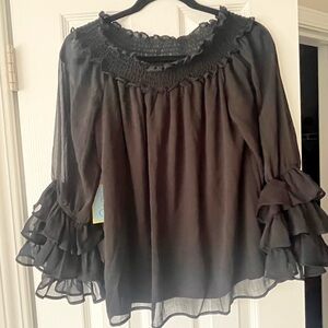 CeCe Black Sheer Ruffle Blouse